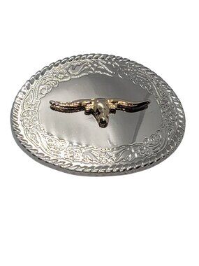 Silver & Gold Longhorn Western Belt Buckle With Floral Engraving